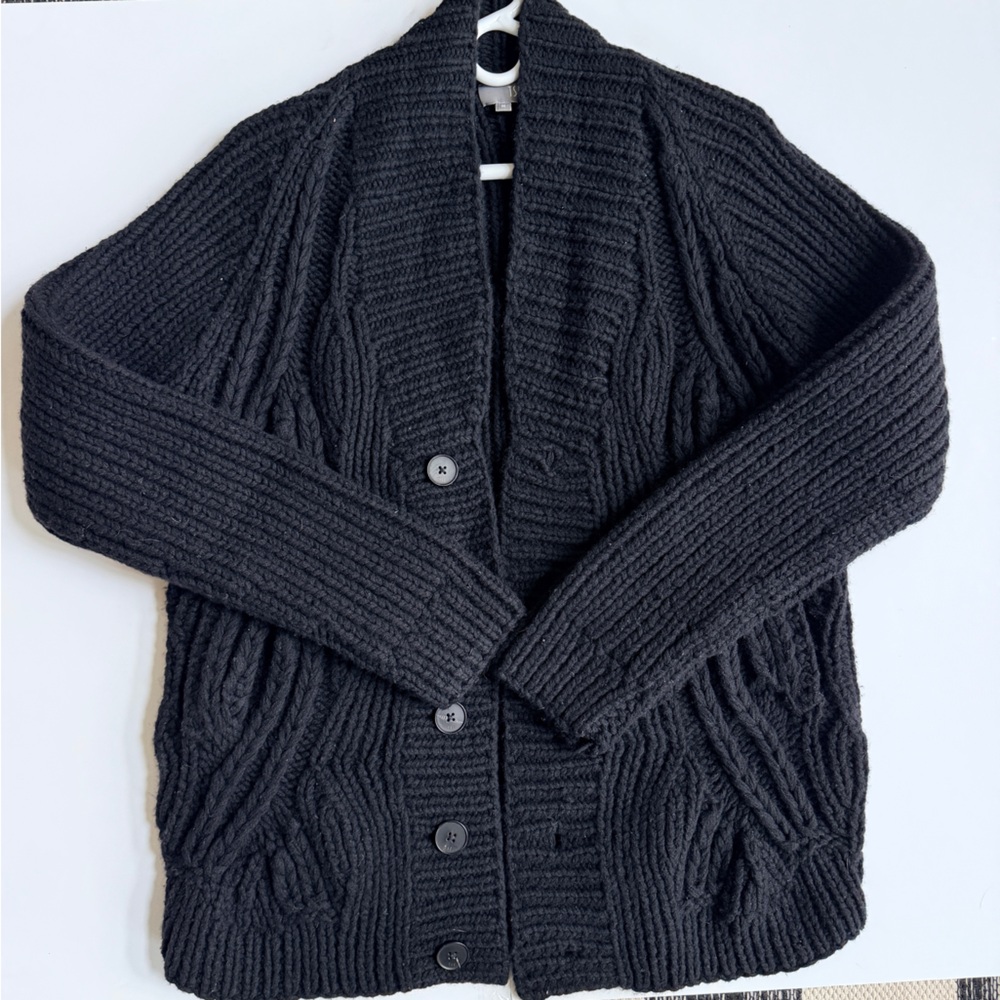 TSE Women's Chunky Cable Black Knit Cashmere/Wool Blend‎ Cardigan Sweater Size M